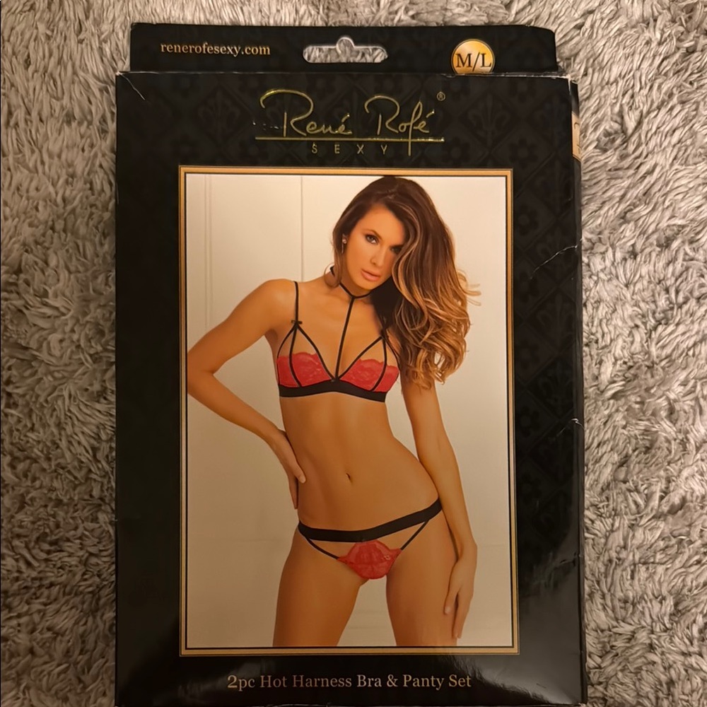 Rene Rofe Sexy Red and Black Harness Bra & Panty Set